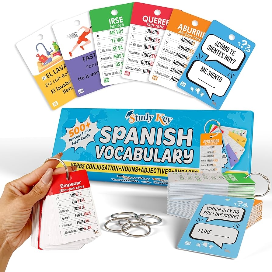 Amazon 500 Spanish Vocabulary Flash Cards For Adults Kids Ages 15 Verb Conjugation Nouns Adjectives Phrases To Learn Spanish For Adult Beginners Flashcards Toys Games