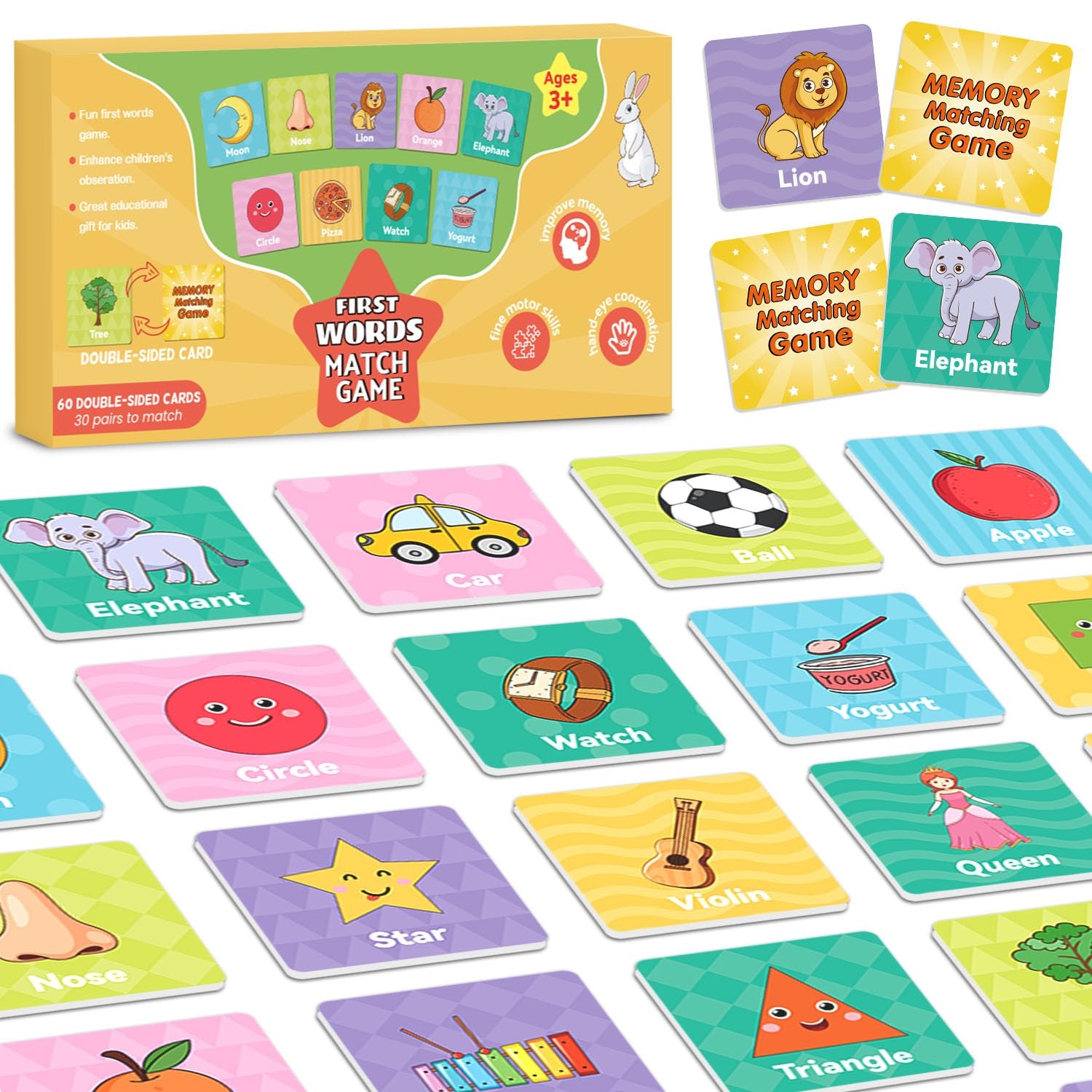 Amazon First Words Flashcards Memory Game Memory Games For Kids Ages 4 8 Matching Games For Toddlers 3 5 60 PCS Phonics Games Flash Cards Memory Card Game Speech Therapy Materials For Boys 