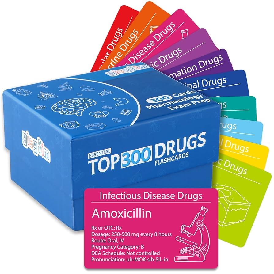 Amazon Gisgfim Top 300 Drugs Flashcards Pharmacology Flash Cards Nursing School Essentials With Drug Names Test Questions Dosage Formulas IV Gauges For Nursing Pharmacology Med Students Pharmacy Techs Toys Games