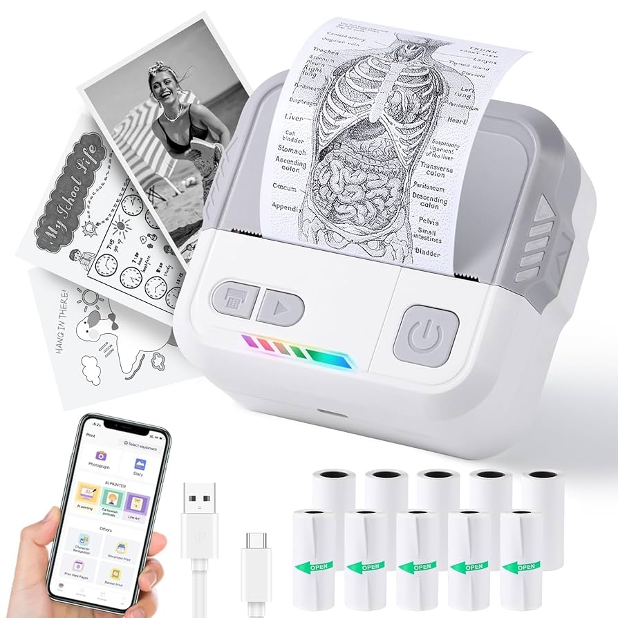 Amazon Print Pods Mini Printer X100 Inkless Sticker Maker With 10 Rolls Printing Paper Portable Pocket Phone Printpod Impresora Port til For Notes Flashcards Journal DIY Compatible With IOS Android Office