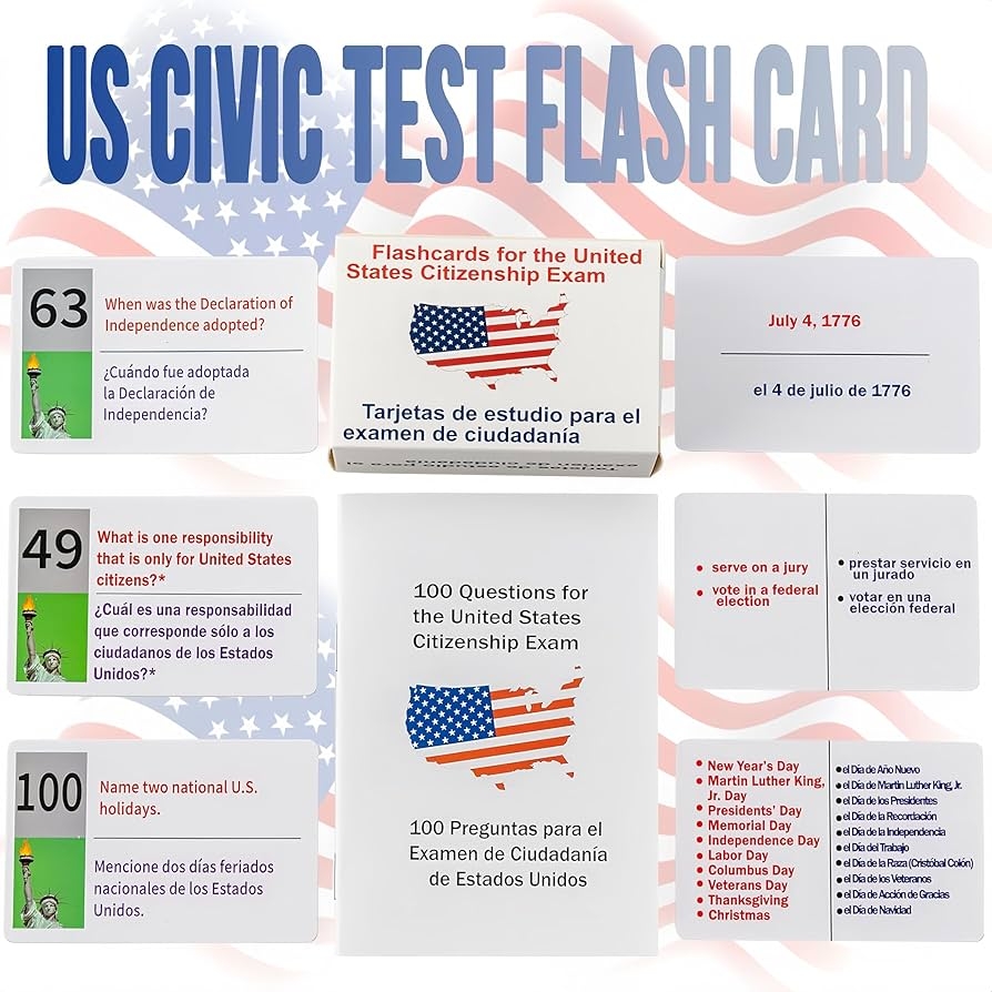Amazon U S Civics Test Flash Cards Combo Set With Bilingual Booklet English Spanish 100 US Civics Questions Answers For Naturalization Easy to Use Study Guide For U S Citizenship Exam Preparation Toys 