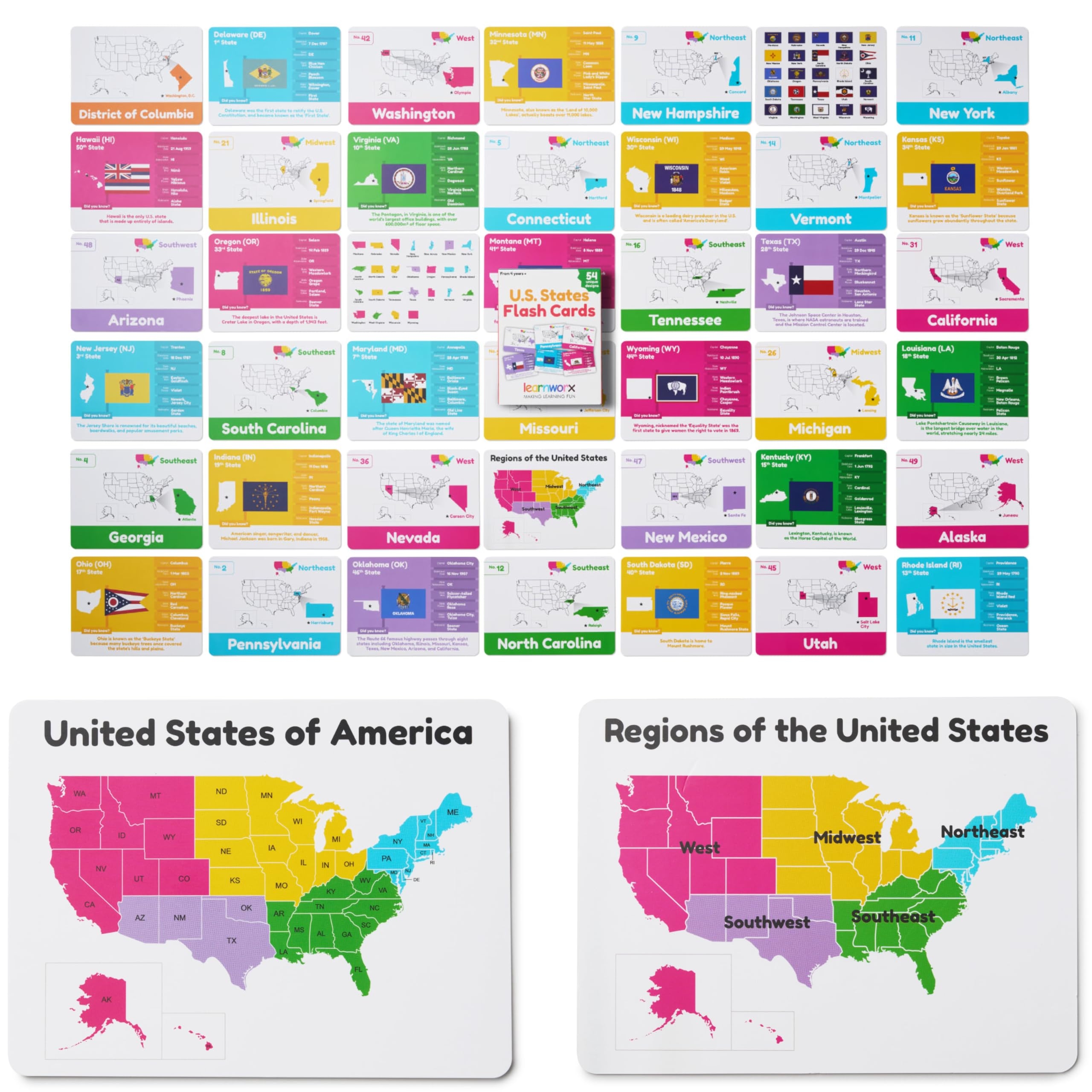 Amazon U S States Flash Cards For Kids 50 State Geography Cards With Capitals Flags State Birds More Educational Flashcards For Learning U S History Facts Ages 4 5 6 7 8 9 10 Toys Games