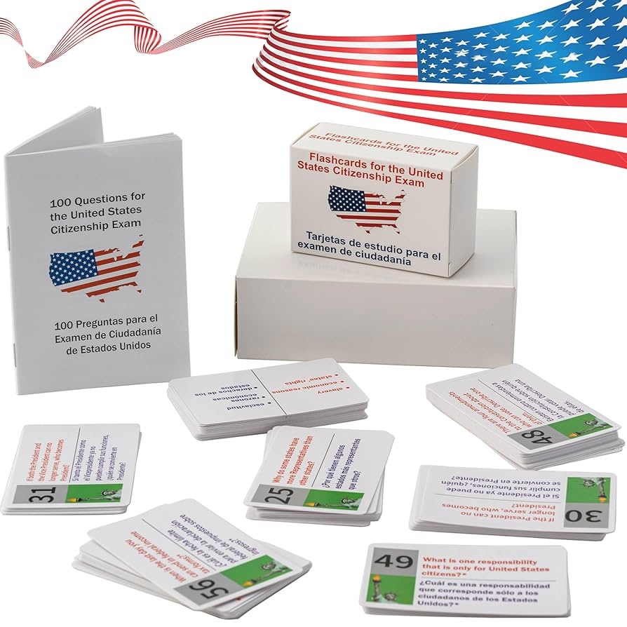 Amazon US Civic Test Flash Card 2025 100 USCIS Citizenship Flash Card Questions Answers Bilingual Spanish English Naturalization Study Guide US Civics Test Flash Cards Bilingual Booklet Combo Set Toys 