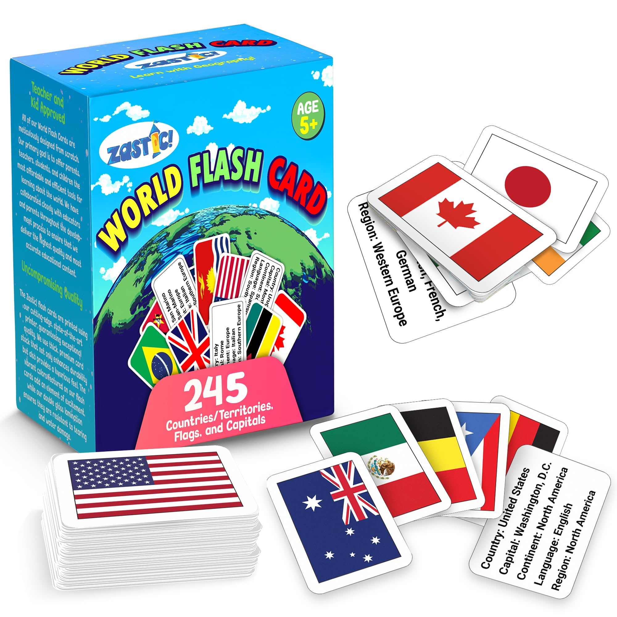 Amazon Zastic World Flags Flashcards 245 Country Flags Capitals Languages Continents Gloss Laminated Kids Geography Flash Cards Toys Games