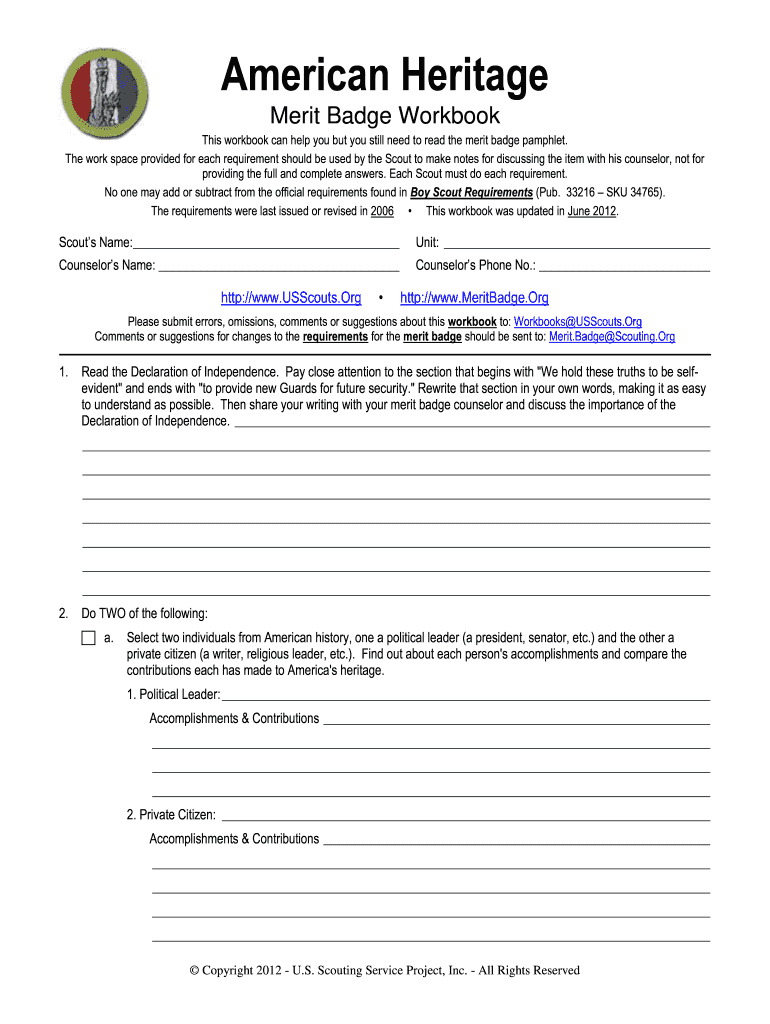 American Heritage Merit Badge Worksheet Fill Out Sign Online DocHub