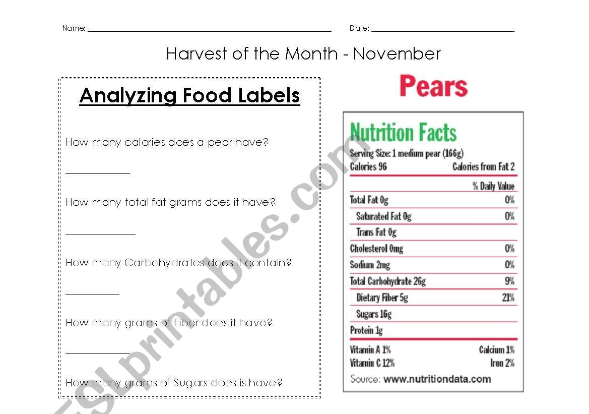 reading nutrition labels worksheet