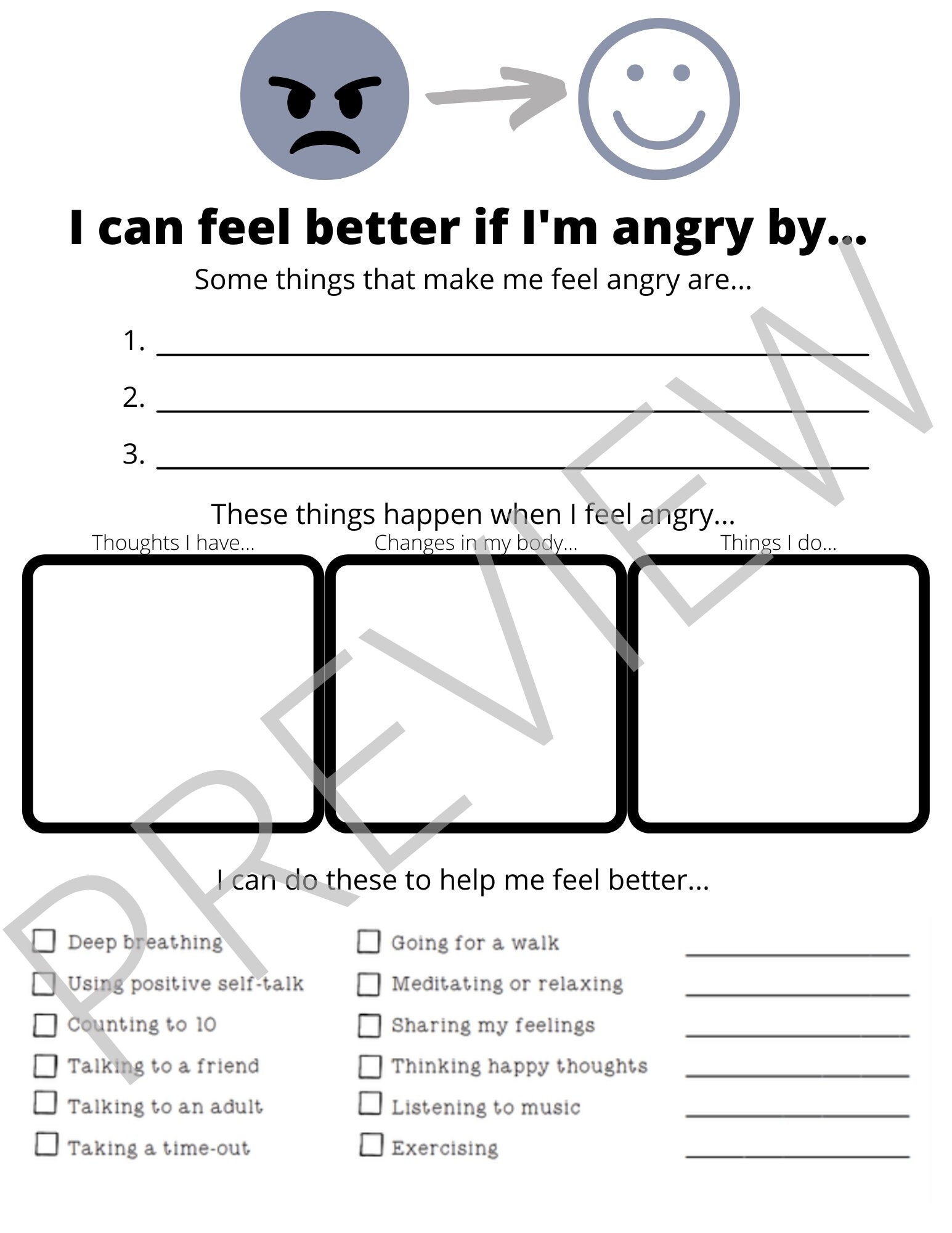Anger Worksheet Play Therapy Kids Counseling Worksheets Etsy UK