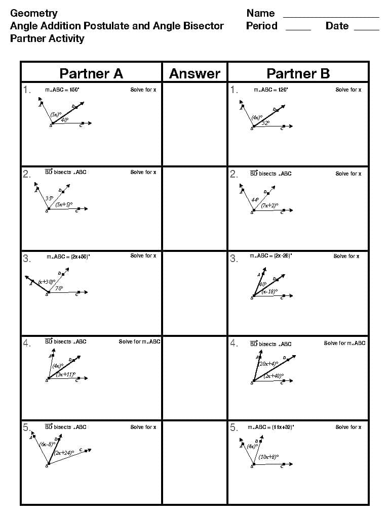 Angle Addition Postulate And Angle Bisector Partner Activity TPT Angle Addition Postulate And Angle Bisector Partner Activity TPT