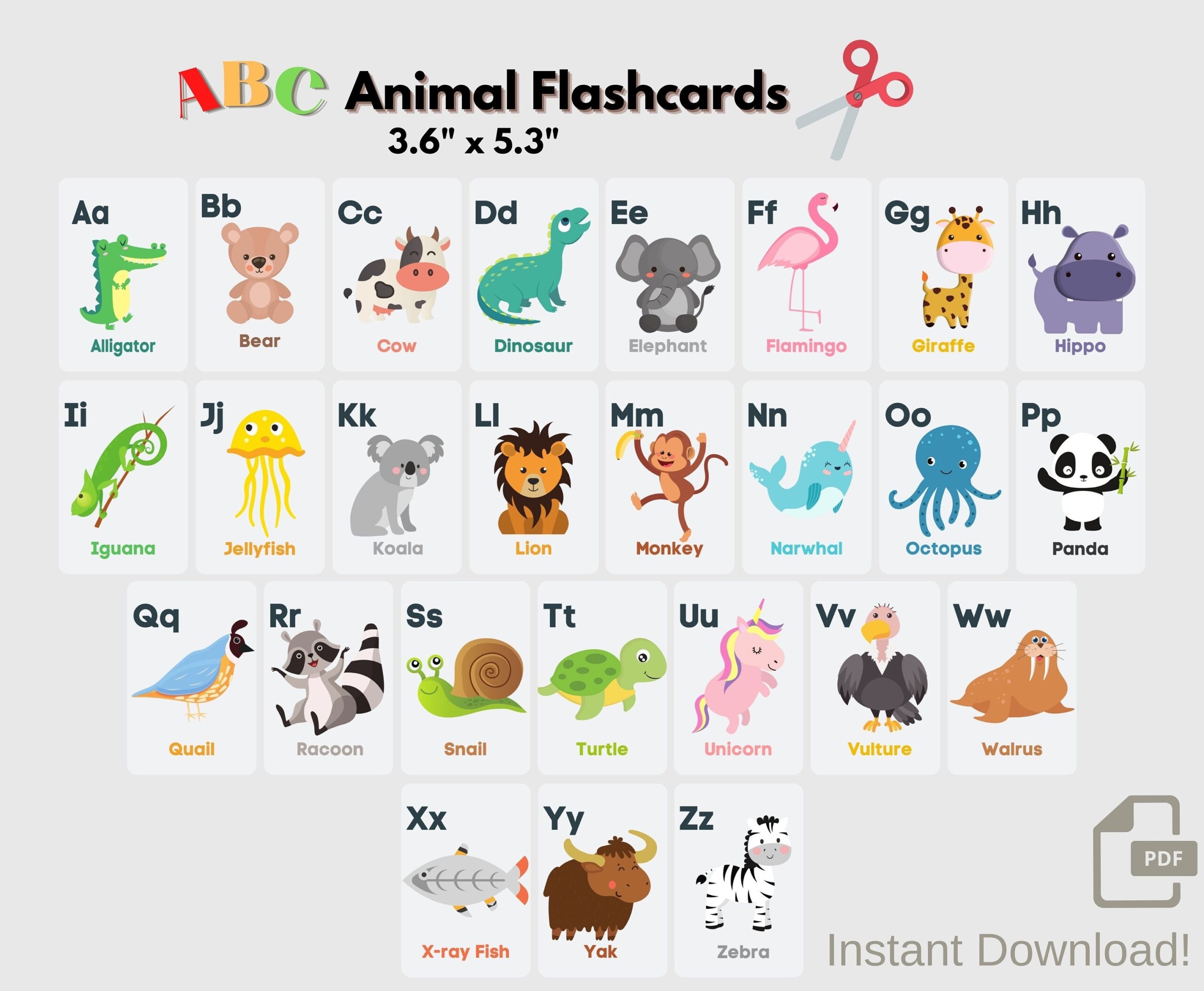 Animal Alphabet Flash Cards ABC Animal Flash Cards Alphabet Cards Instant Download And Print Etsy de