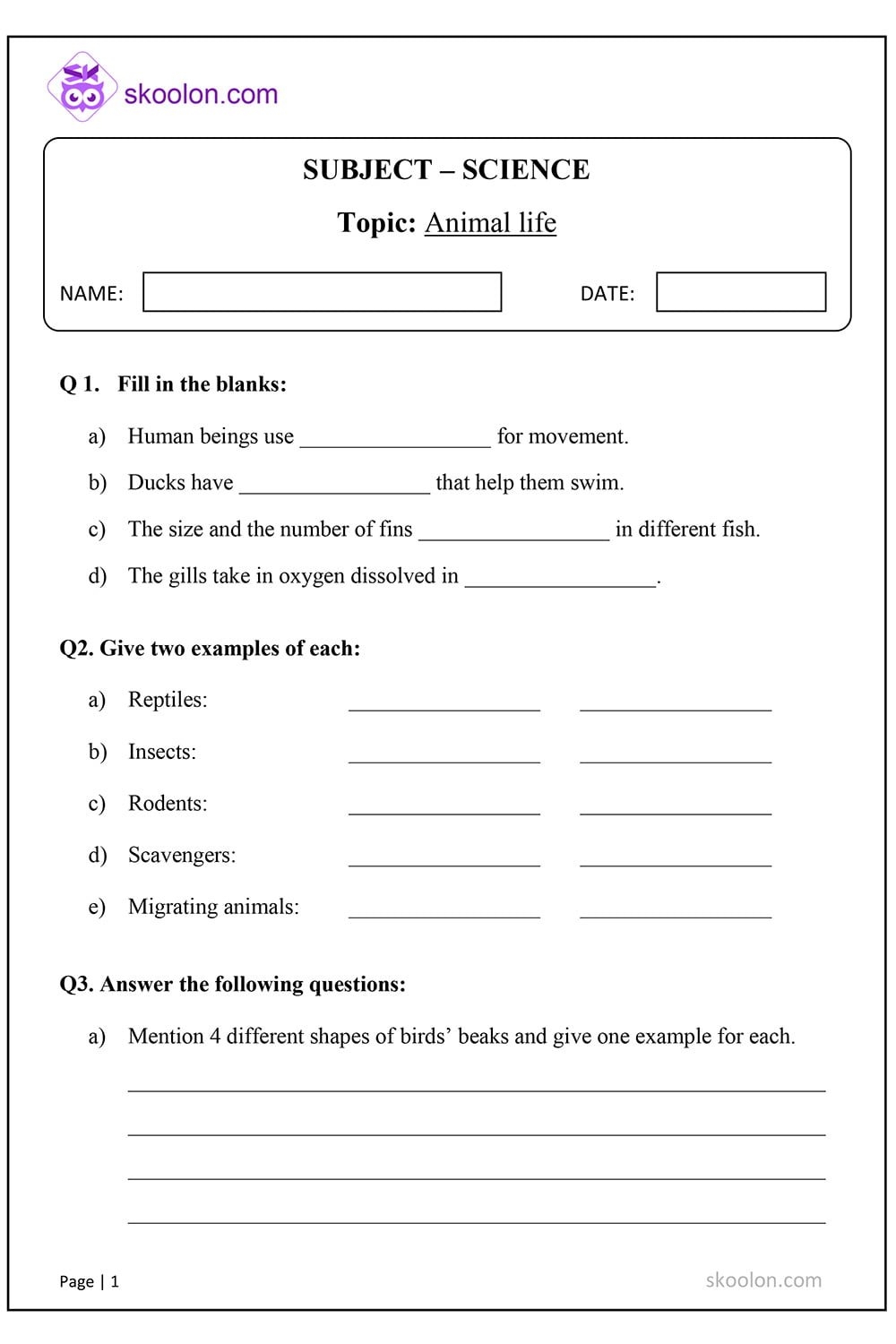Animal Life Skoolon Worksheets Library