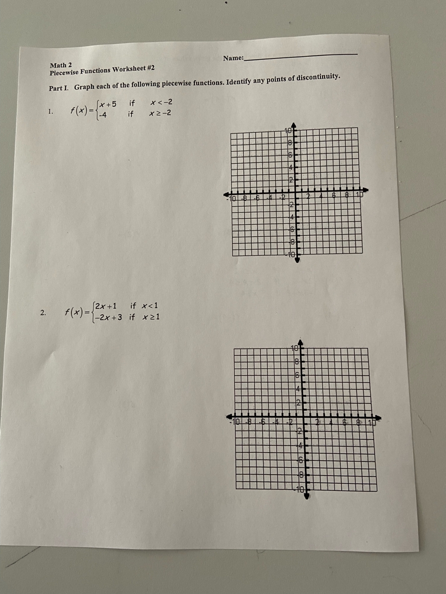 Answered Piecewise Functions Worksheet 2 Part I Graph Each Of The Following Piecewise Functions Identify Any Points Of Discontinuity x 5if X 2 4 If X 2 1 3 10 Bartleby