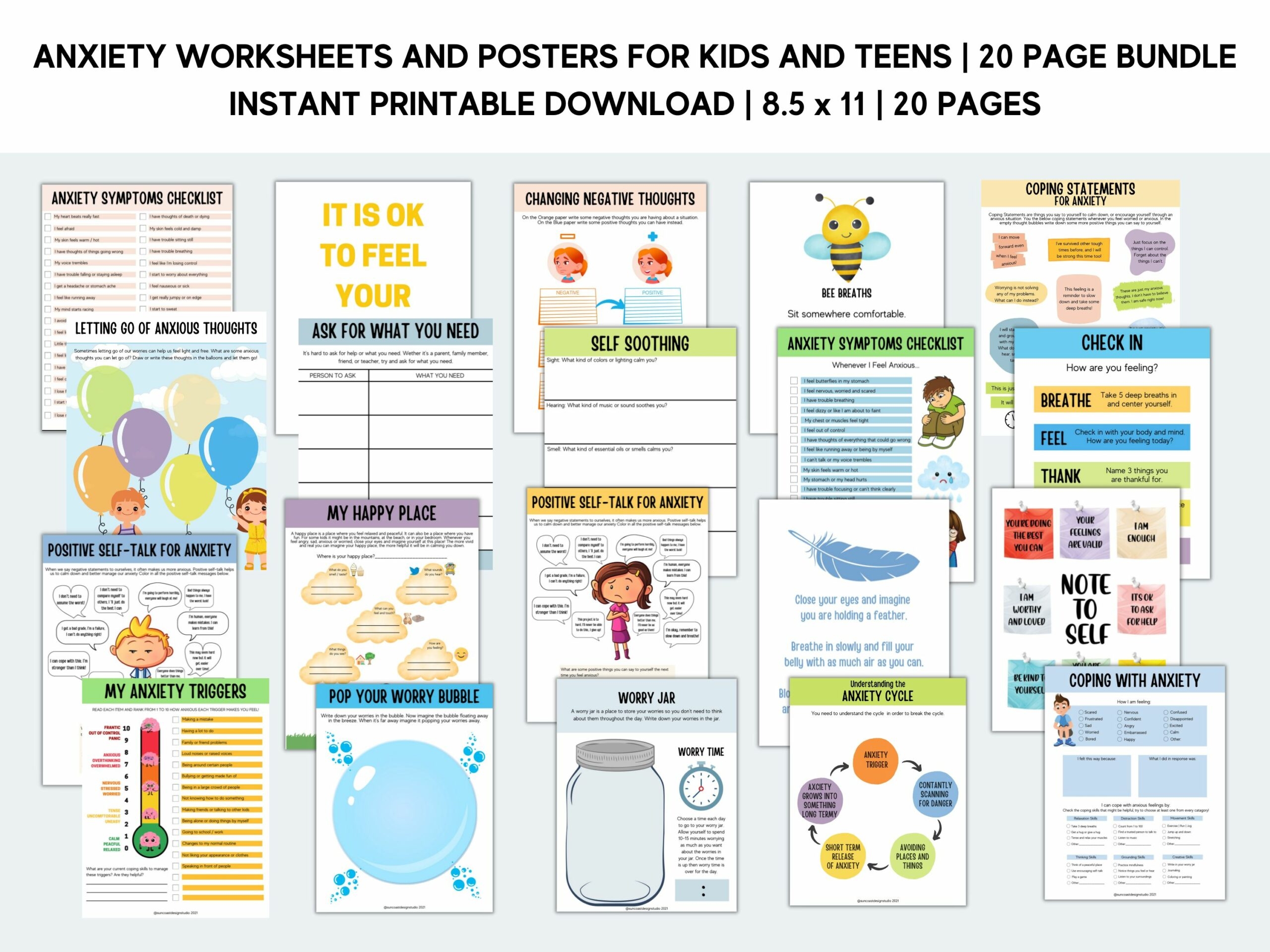 Anxiety Worksheets Printable Bundle For Kids And Teens Therapy Counseling Social Anxiety Emotional Learning Classful