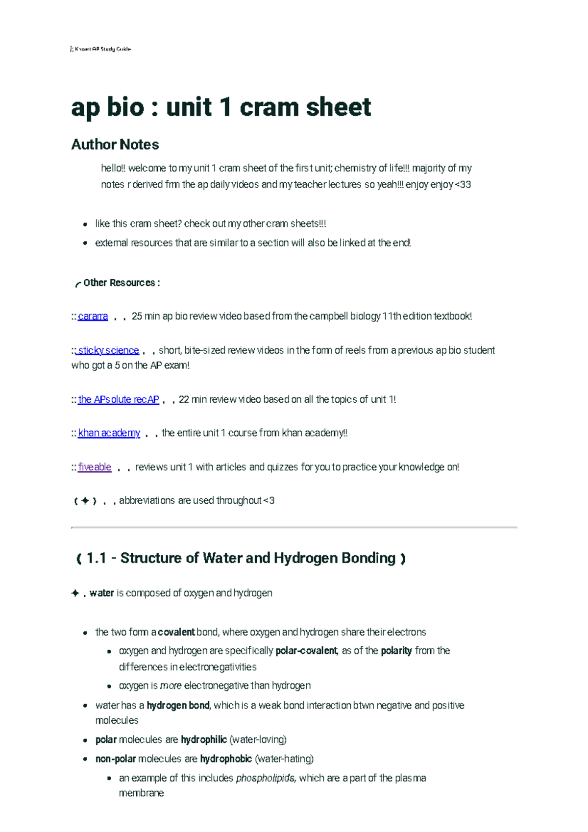 AP Biology Unit 1 Cram Sheet Chemistry Of Life Notes Studocu