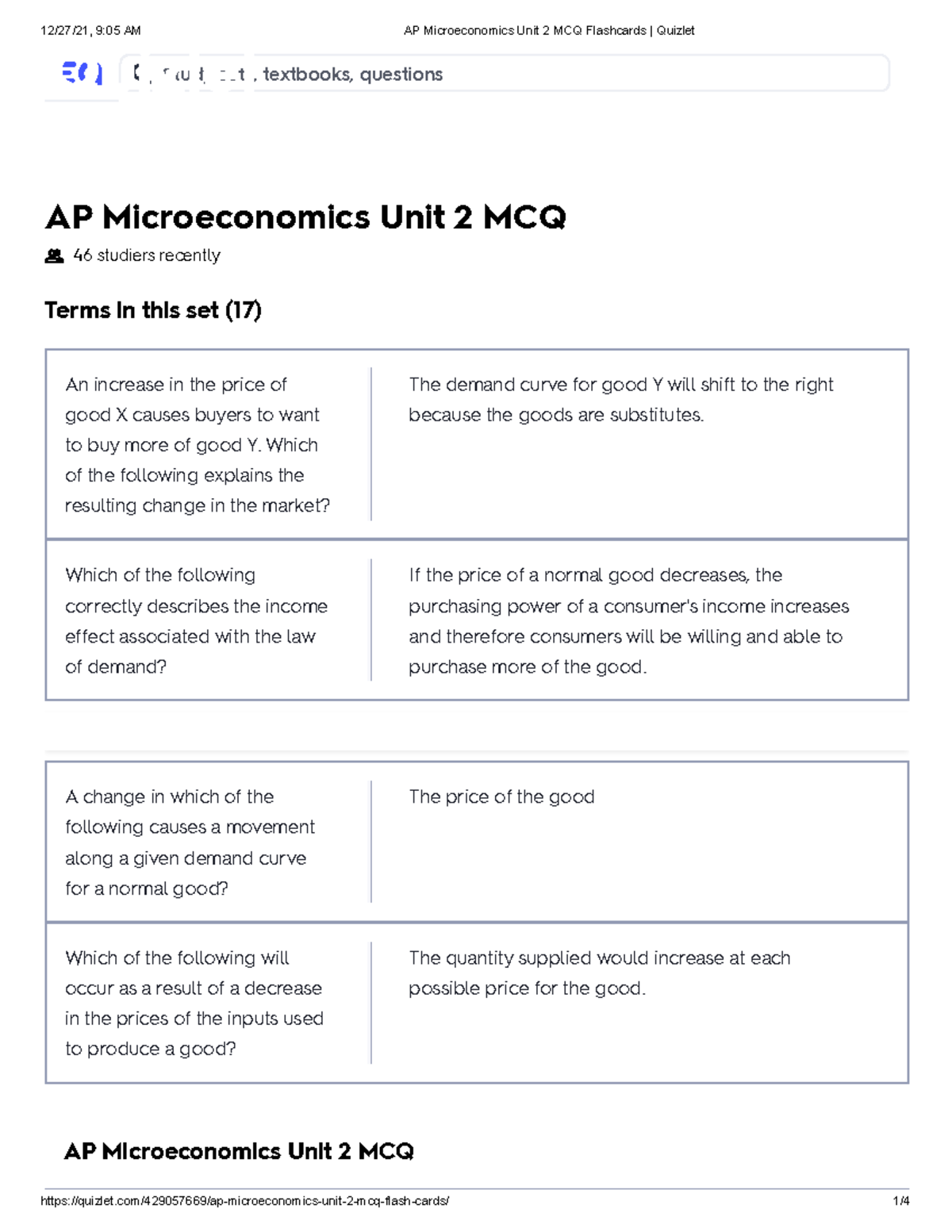 AP Microeconomics Unit 2 MCQ Flashcards Quizlet Free Trial AP Microeconomics Unit 2 MCQ 46 Studocu