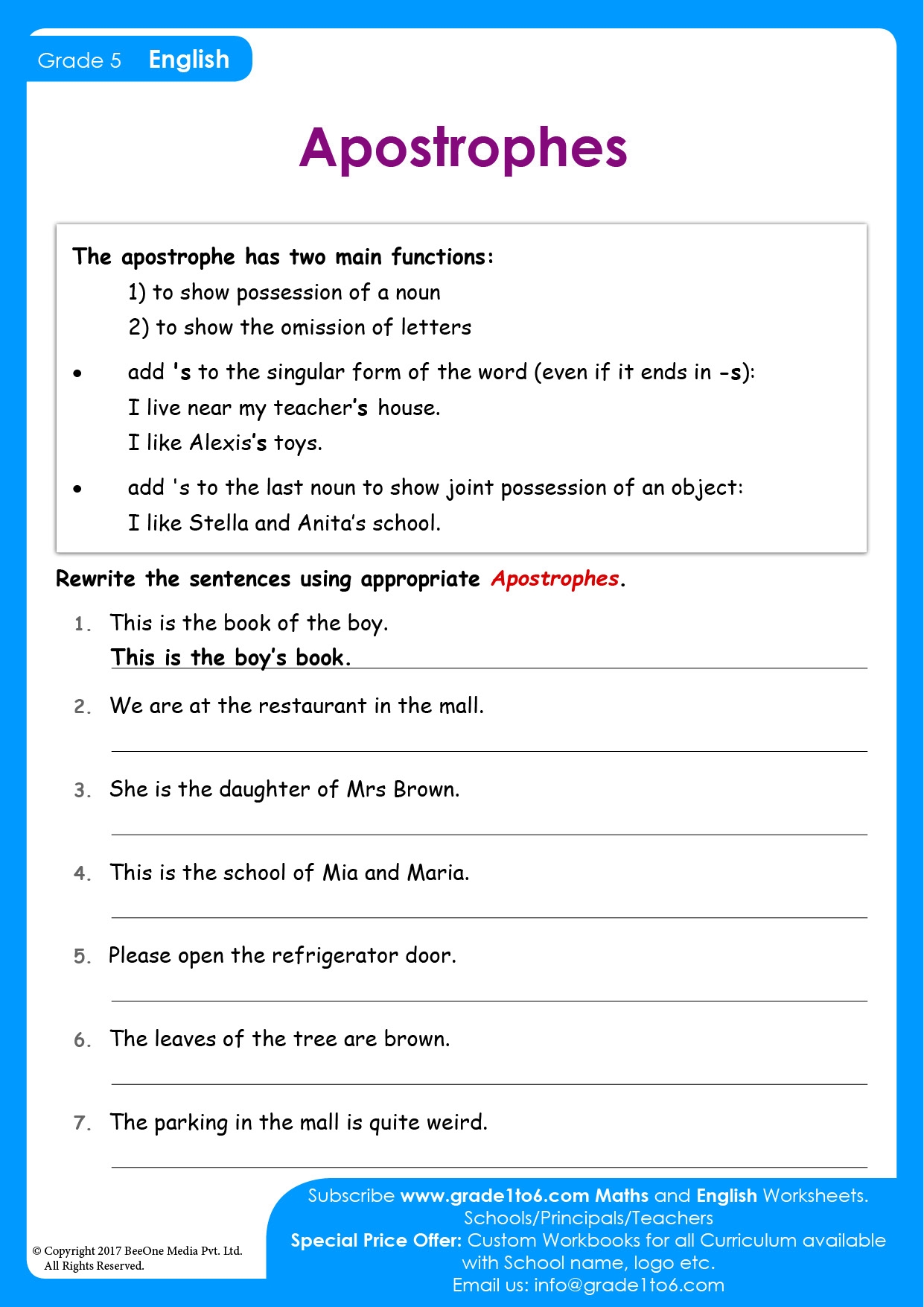 Apostrophe For Class 5 Punctuation Exercise Grade1to6