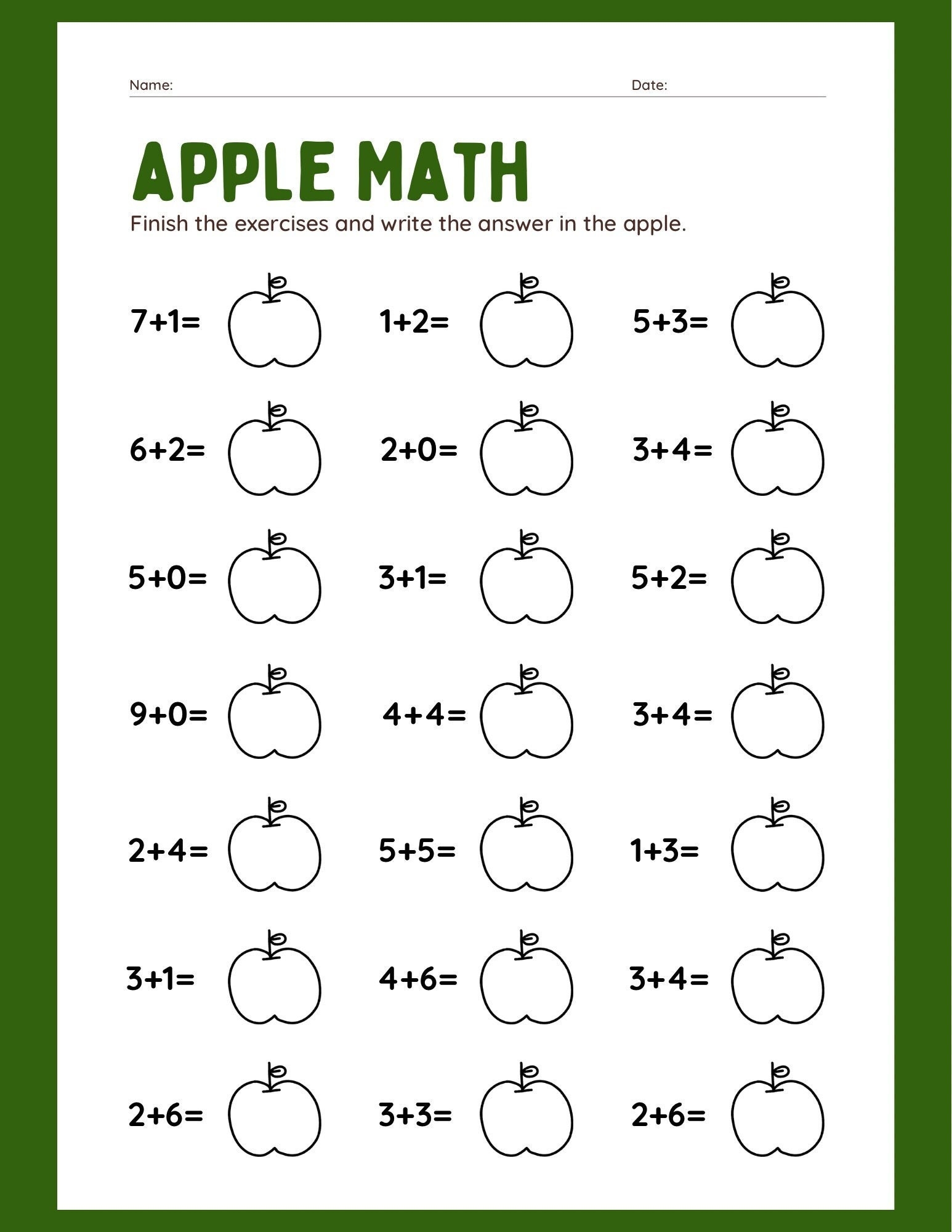 Apple Math Addition Worksheet Digital File Easy Math Teachers Or Parents Etsy