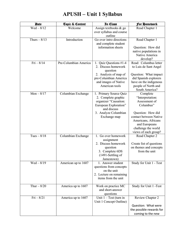 APUSH Unit 1 Syllabus Pre Columbian America To 1607