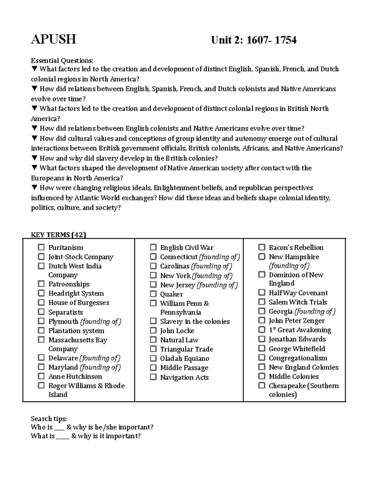 APUSH Unit 2 Key Terms Colonial Regions Cultural Interactions Studocu