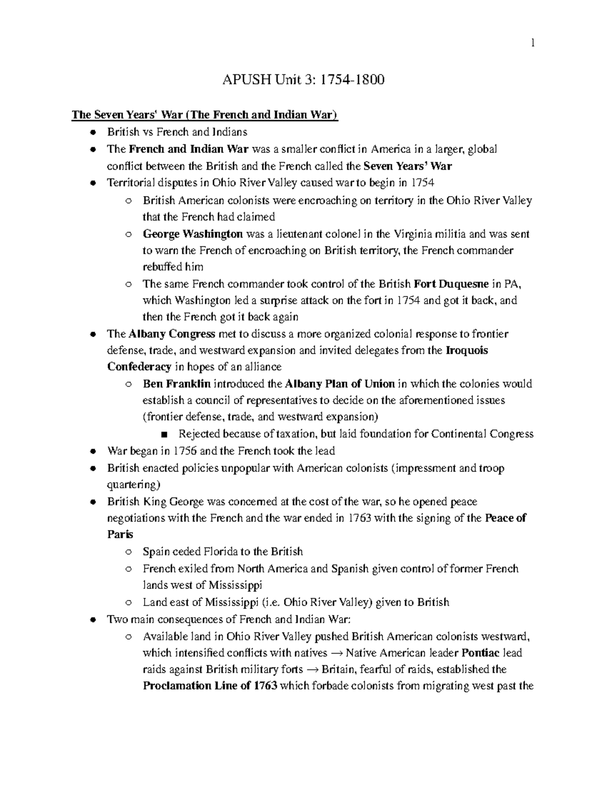APUSH Unit 3 1754 1800 Comprehensive Lecture Notes On U S History Studocu