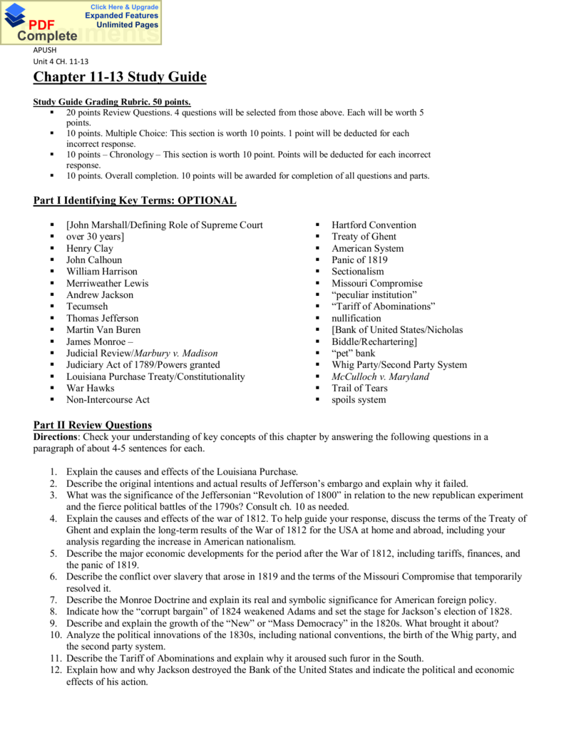 APUSH Unit 4 Study Guide Chapters 11 13