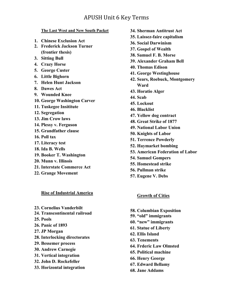 APUSH Unit 6 Key Terms The West Industry And Gilded Age