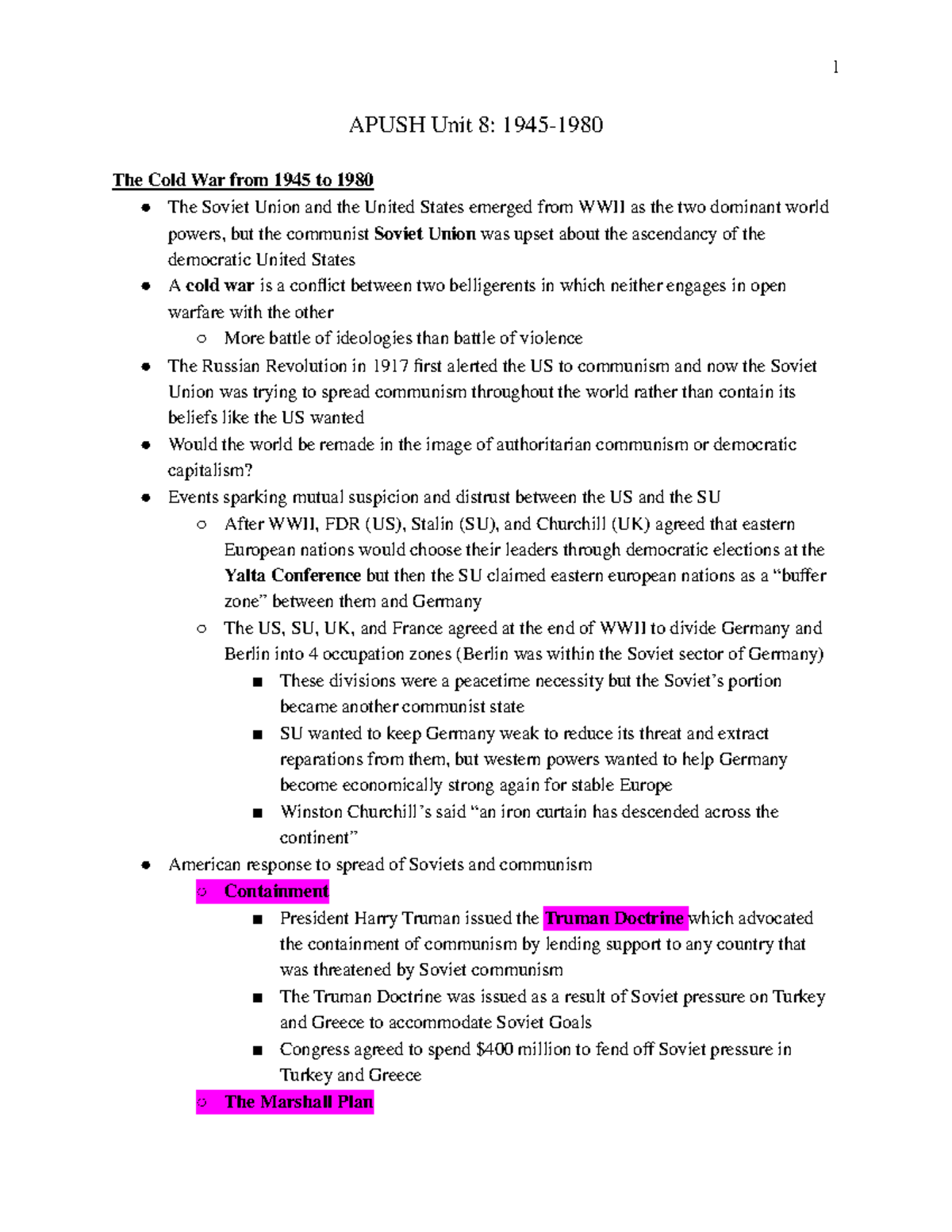 APUSH Unit 8 1945 1980 Lecture Notes On Cold War And Civil Rights Studocu