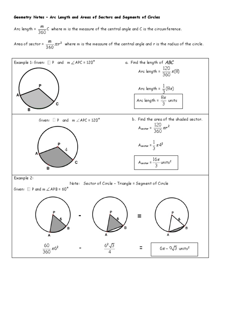 arc length and sector area worksheet