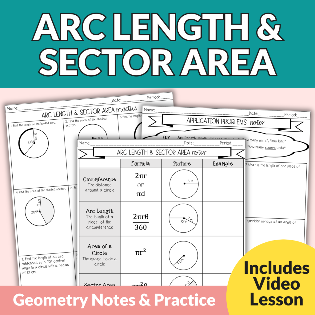 Arc Length And Sector Area Notes And Worksheets For 9th 11th Grade Geometry Lindsay Bowden