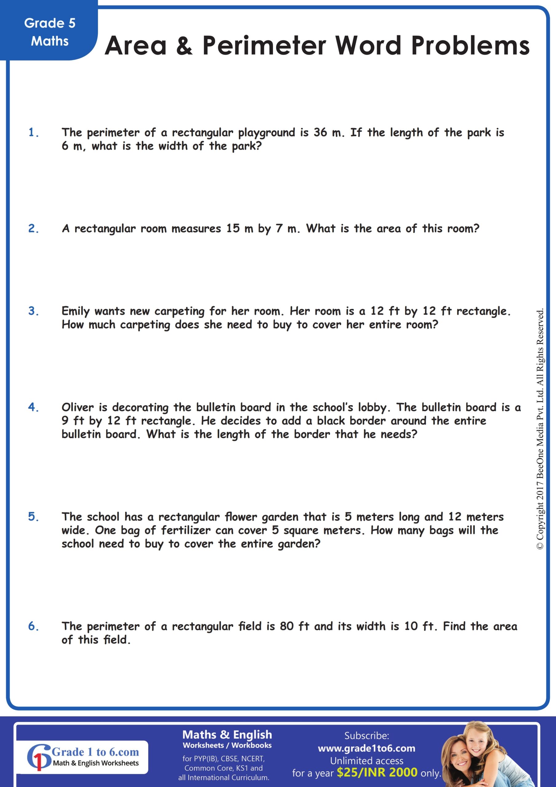 Area And Perimeter Worksheets Grade1to6