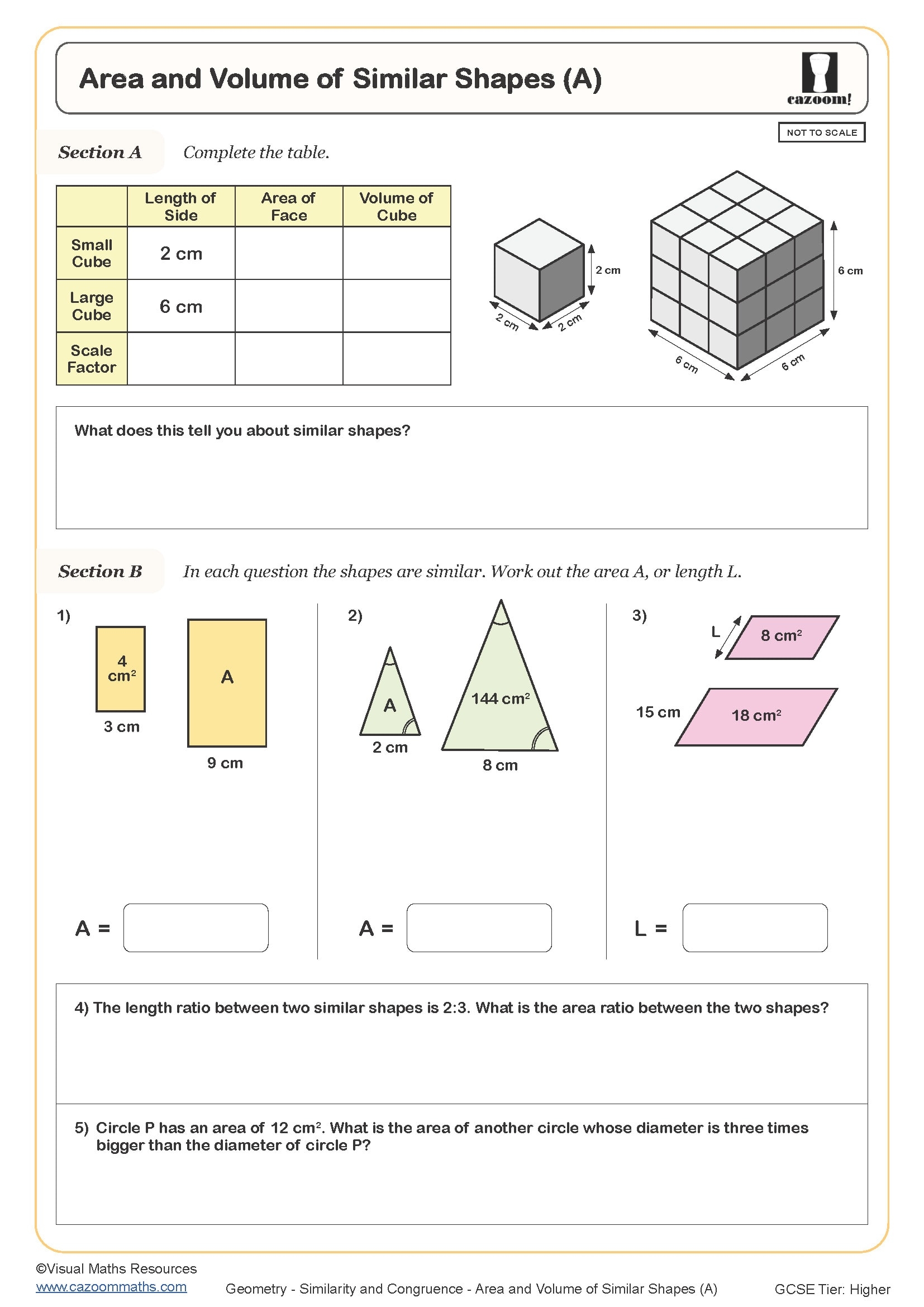 Area And Volume Of Similar Shapes A Worksheet Cazoom Maths Worksheets