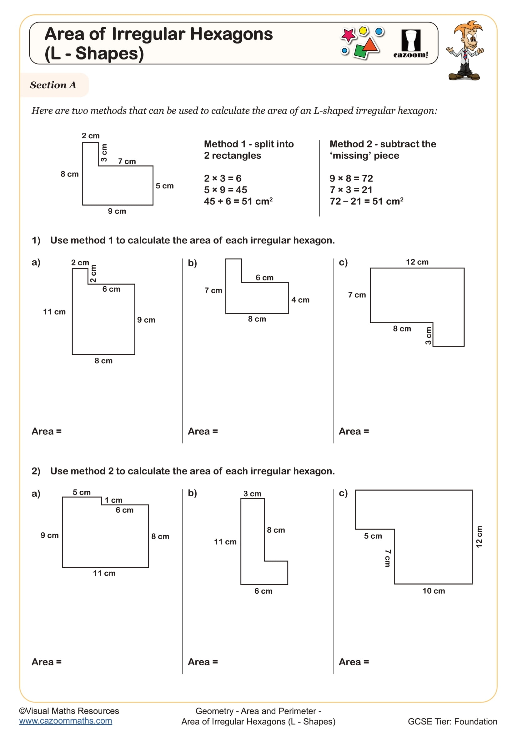 Area Of Irregular Hexagons L Shapes Worksheet Fun And Engaging Year 7 And Year 8 Geometry Worksheet