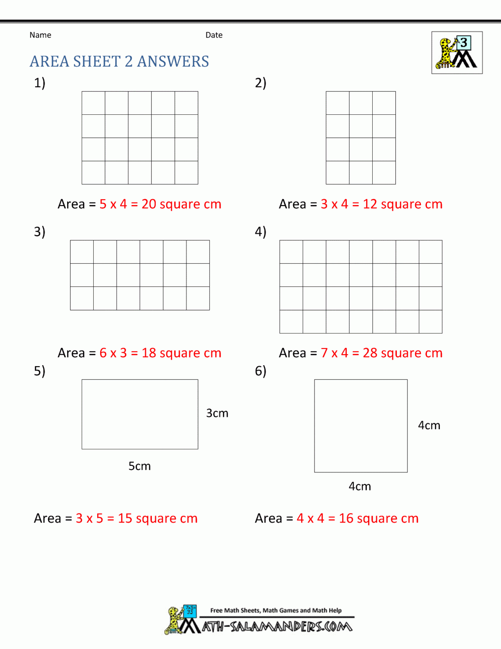 Area Sheet 2 Answers Area Sheet 2 Answers