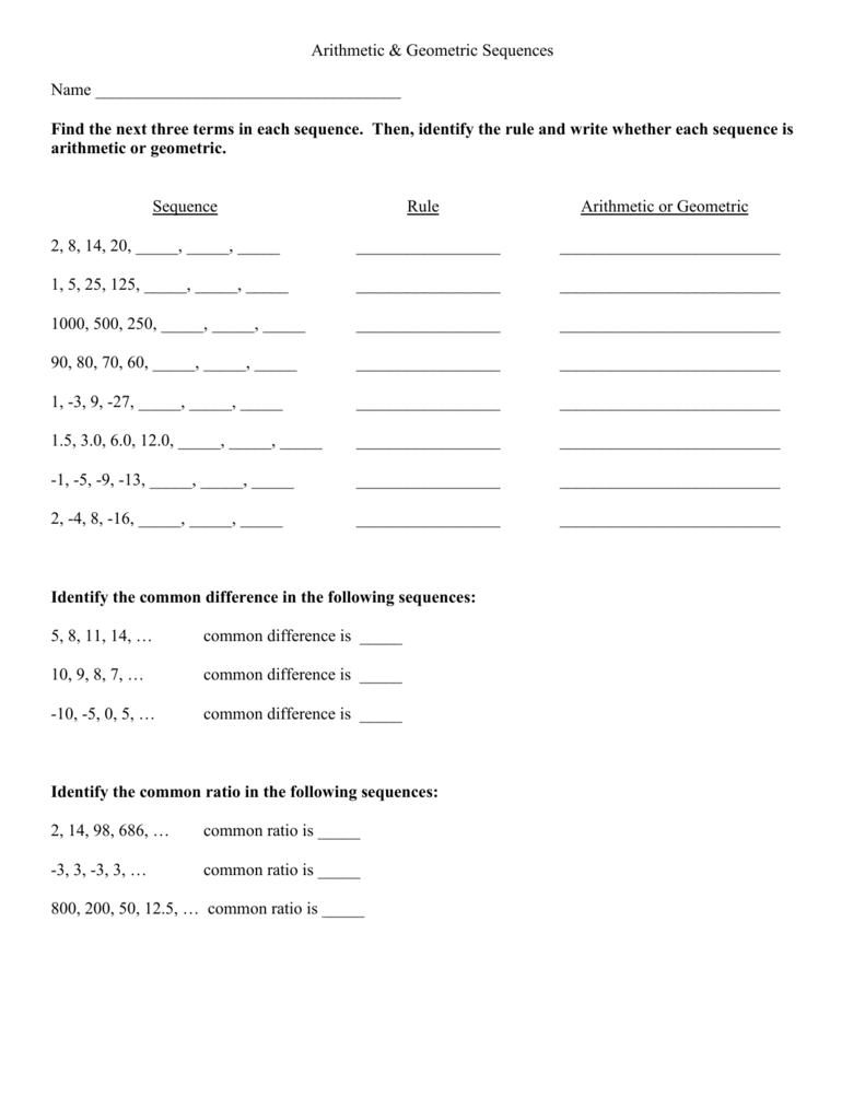 arithmetic and geometric sequences worksheet