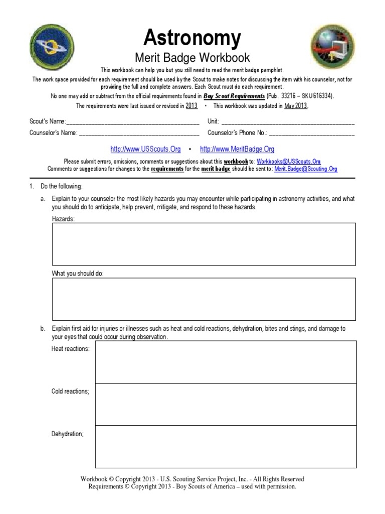 Astronomy Merit Badge Workbook PDF Boy Scouts Of America Worksheets Library