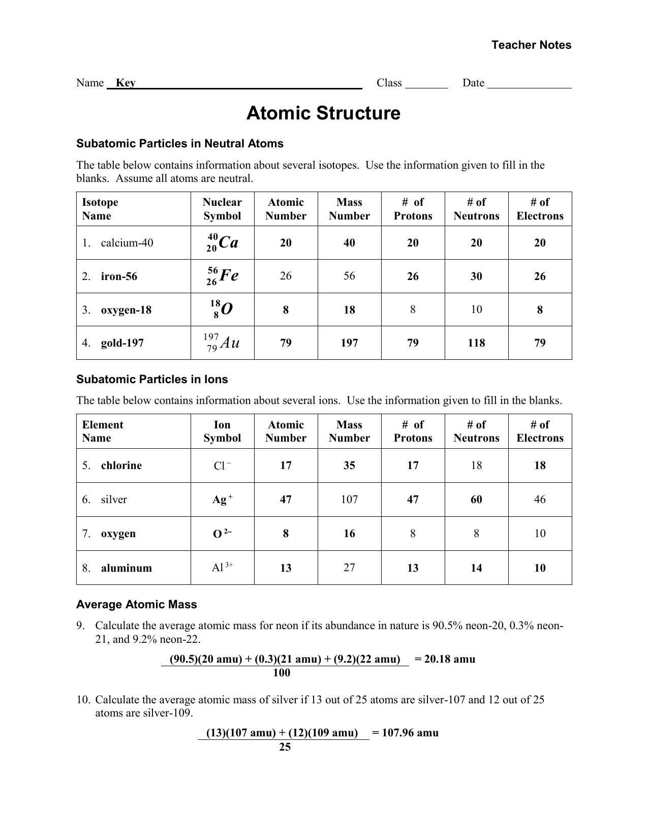 atom structure worksheet answer key