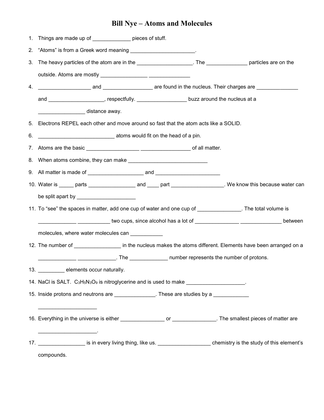 Atoms And Molecules Worksheet Bill Nye Science Atoms And Molecules Worksheet Bill Nye Science