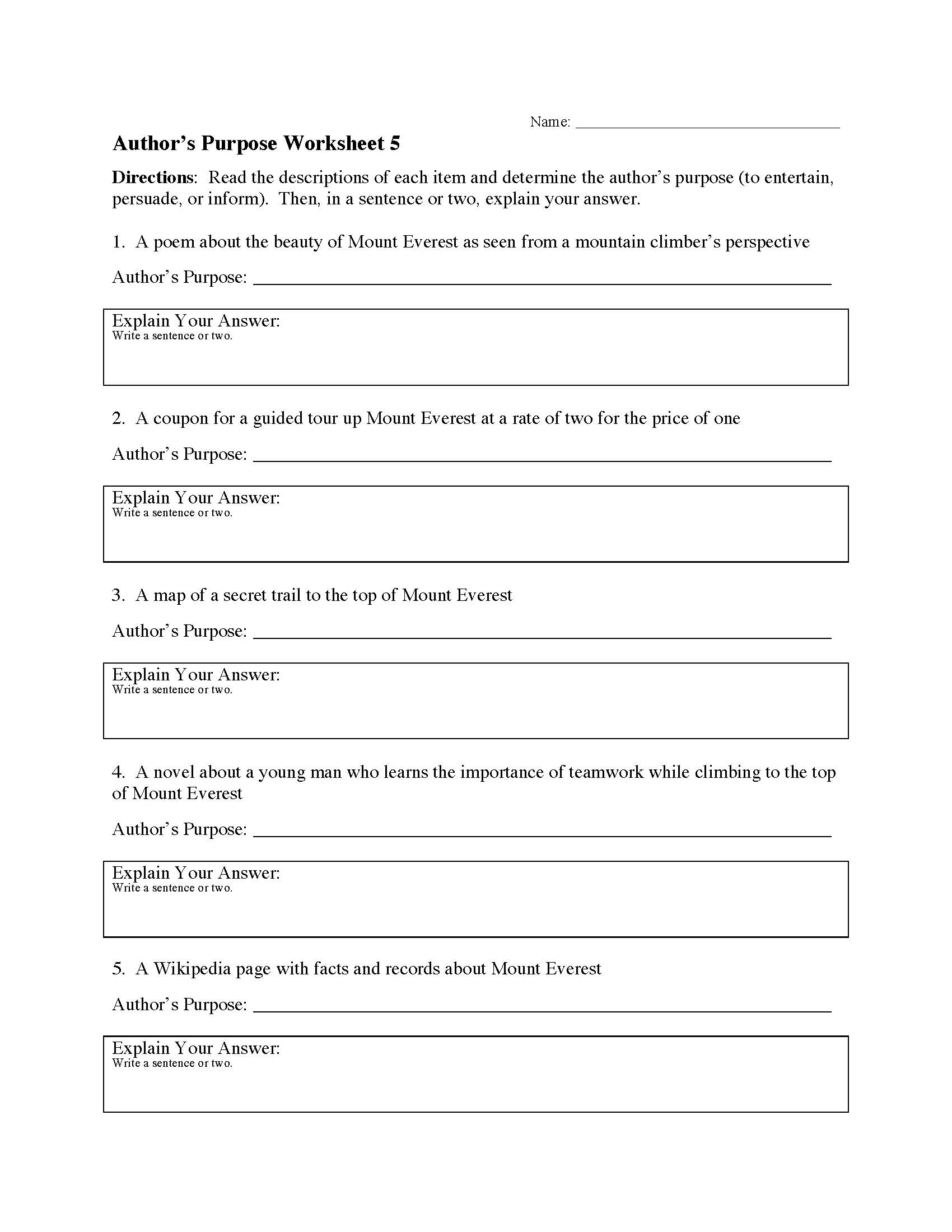 Author s Purpose Worksheet 5 Reading Activity