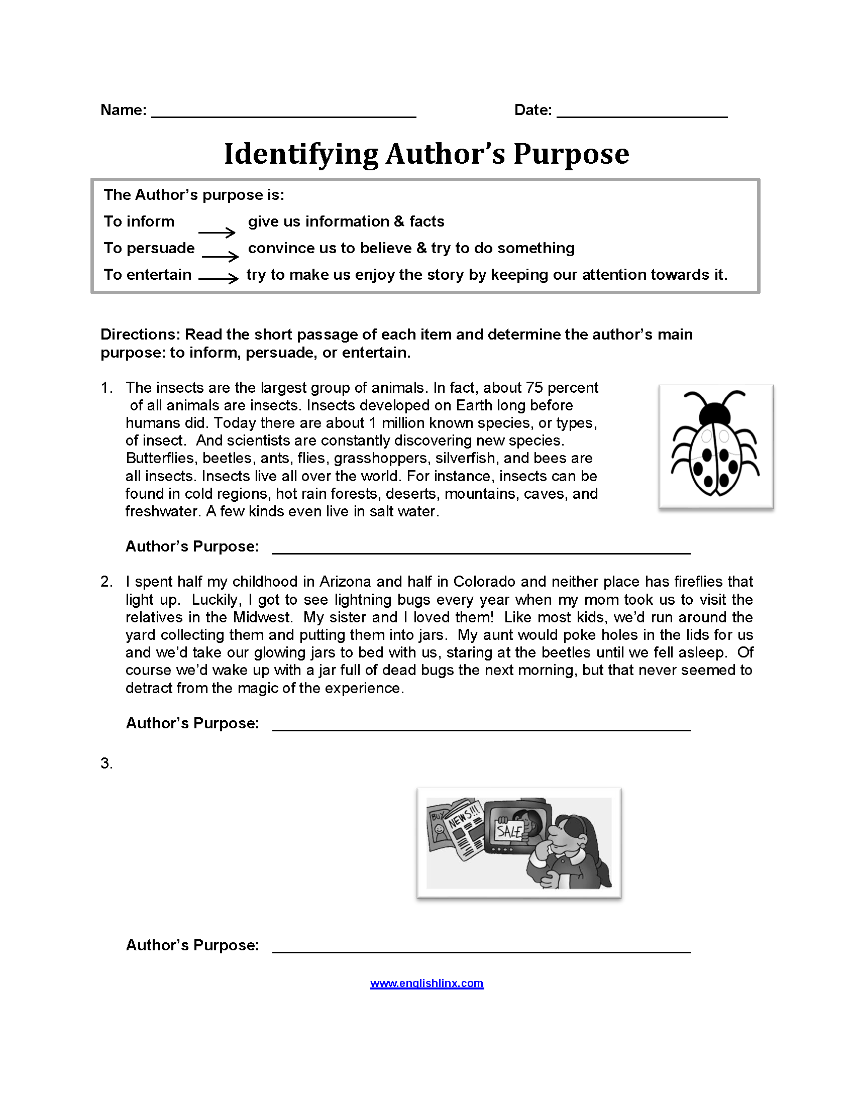 Author s Purpose Worksheets Identifying Author s Purpose Worksheets
