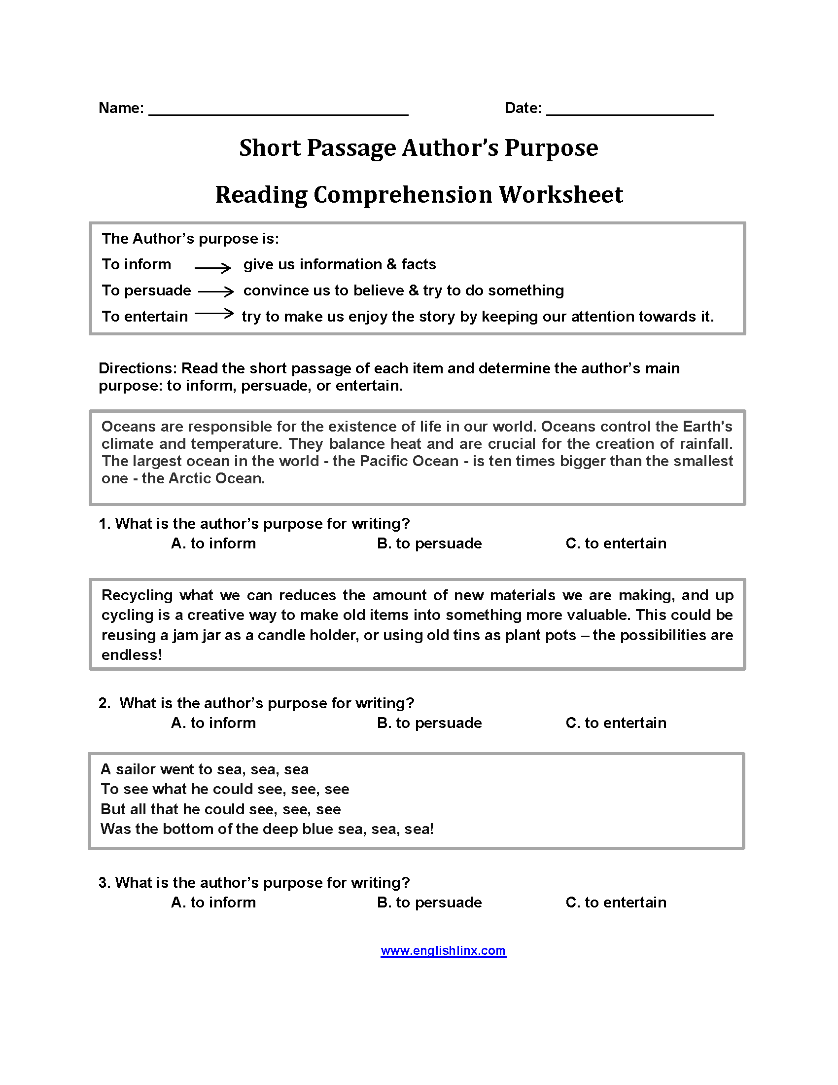 Author s Purpose Worksheets Short Passage Author s Purpose Worksheets Author s Purpose Worksheets Short Passage Author s Purpose Worksheets
