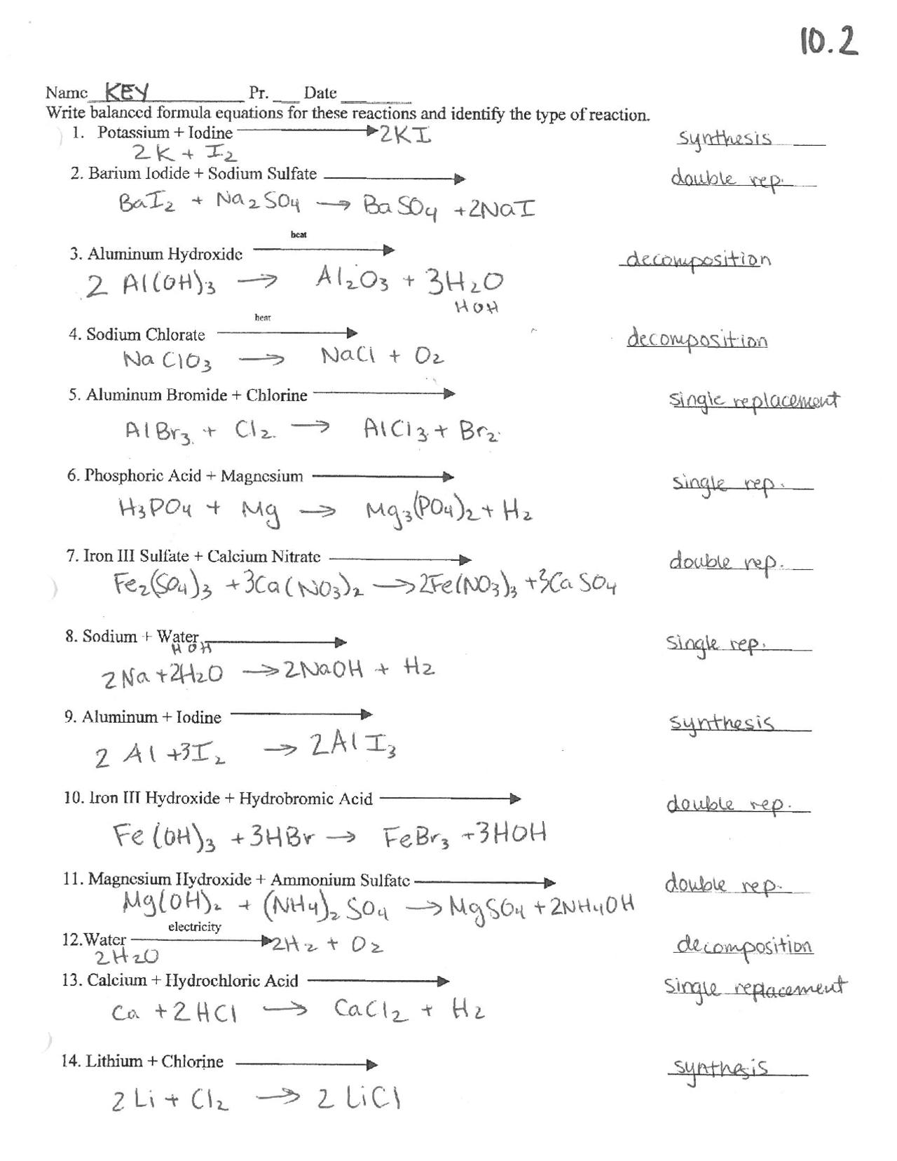 Balance Equations And Predict Reactions Worksheet Key Exercises Worksheets Library