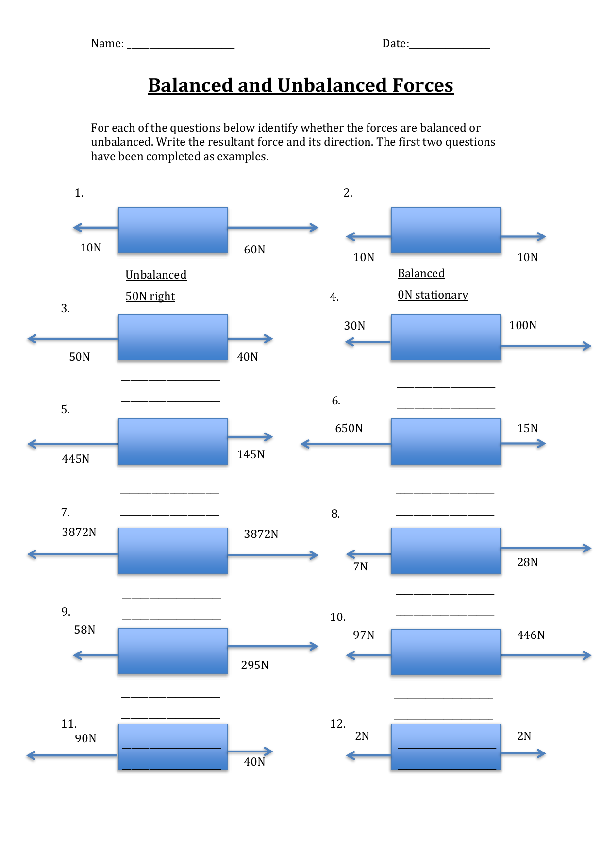 Balanced Unbalanced Forces Worksheet