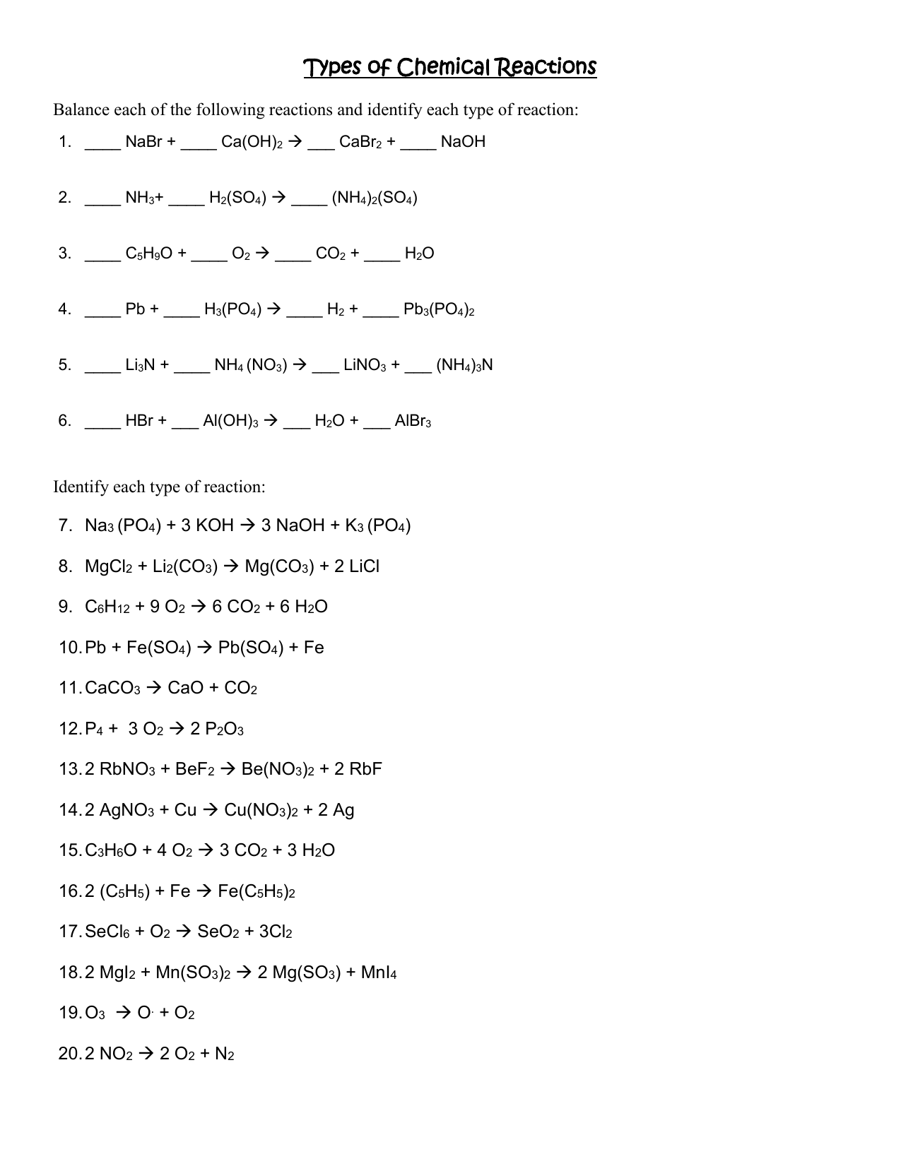 Balancing Chemical Equations Reaction Types Worksheet