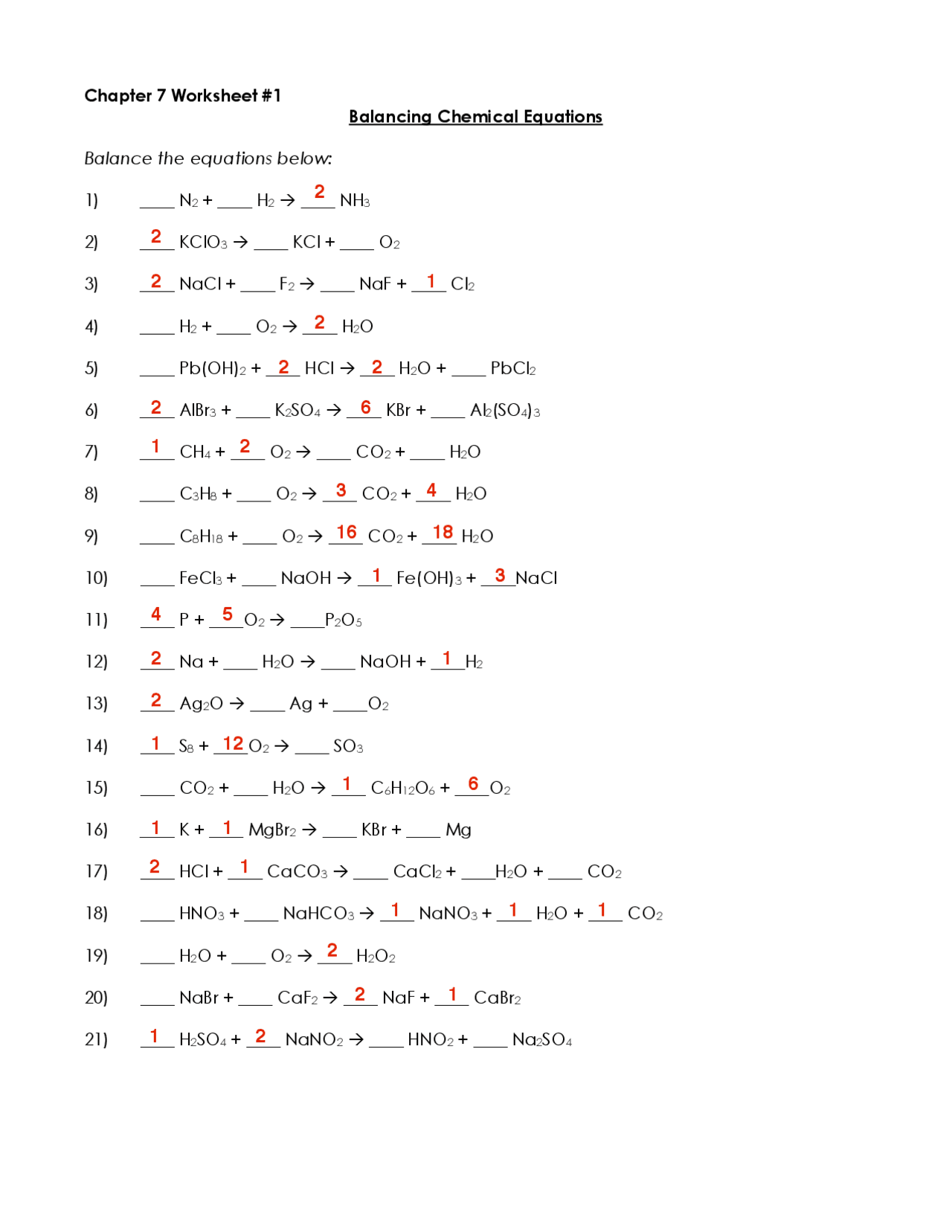 Balancing Chemical Equations Worksheet Exercises Chemistry Docsity