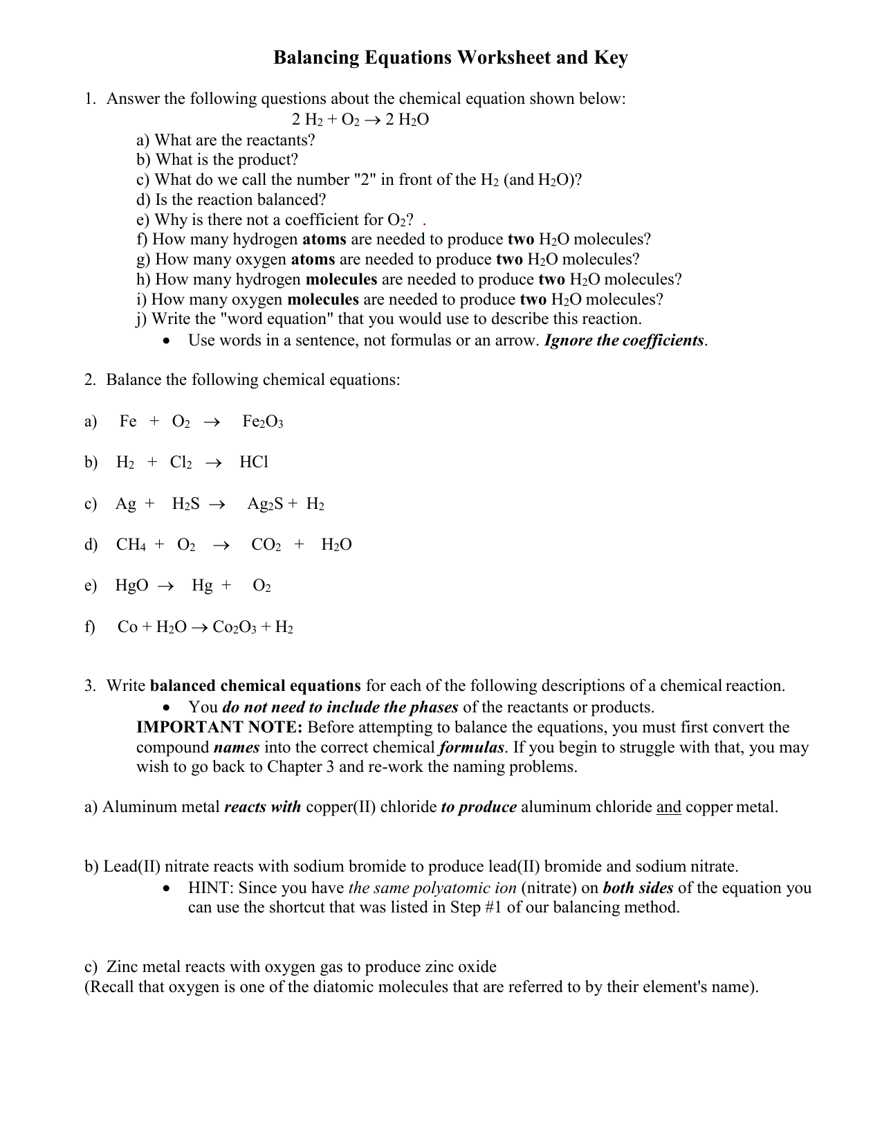 worksheet balancing equations answer key