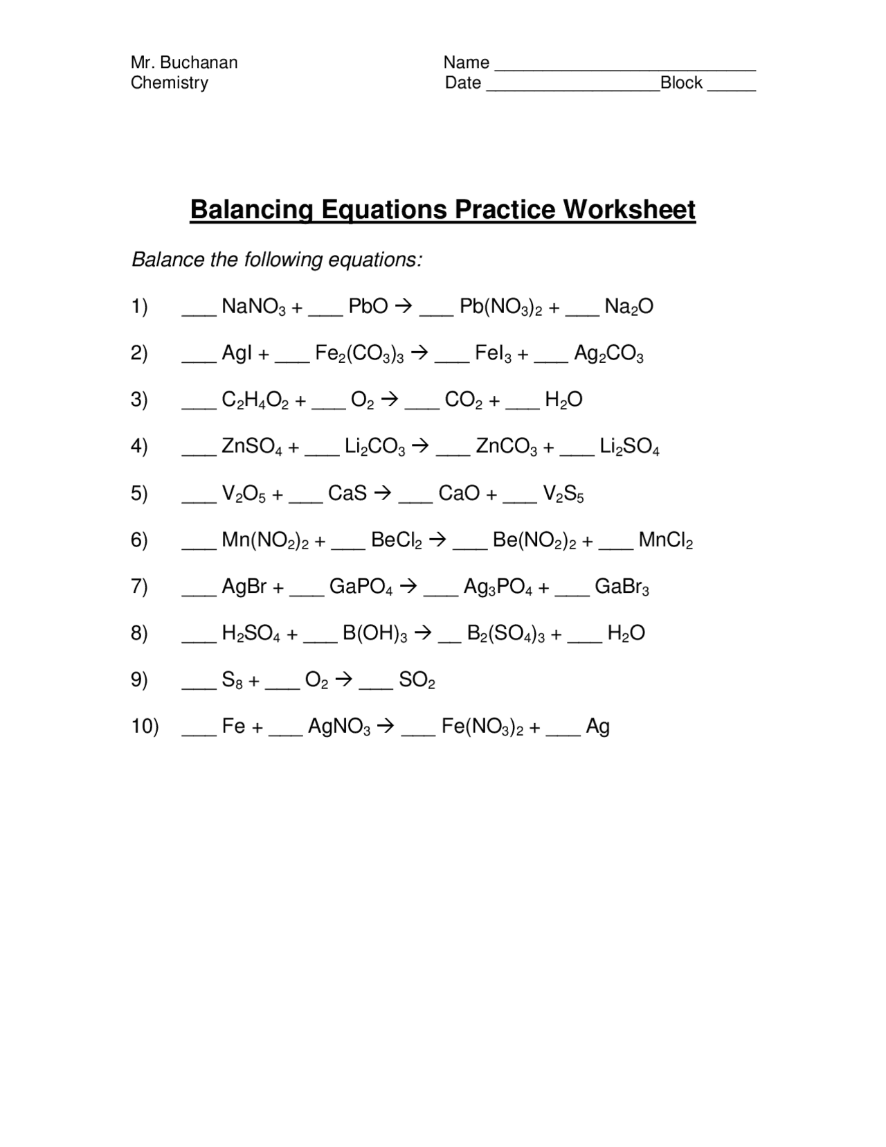 Balancing Equations Practice Worksheet Exams Chemistry Docsity