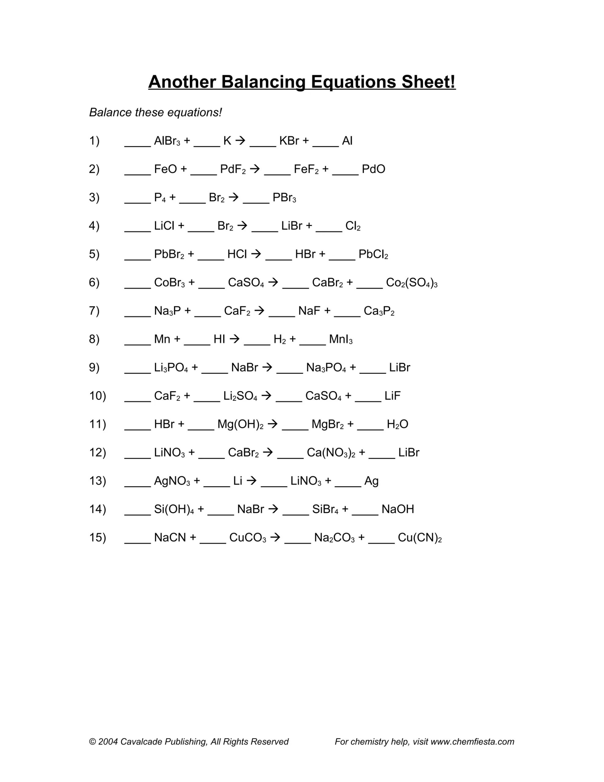 Balancing Equations Questions And Answers DOC Chemistry Science