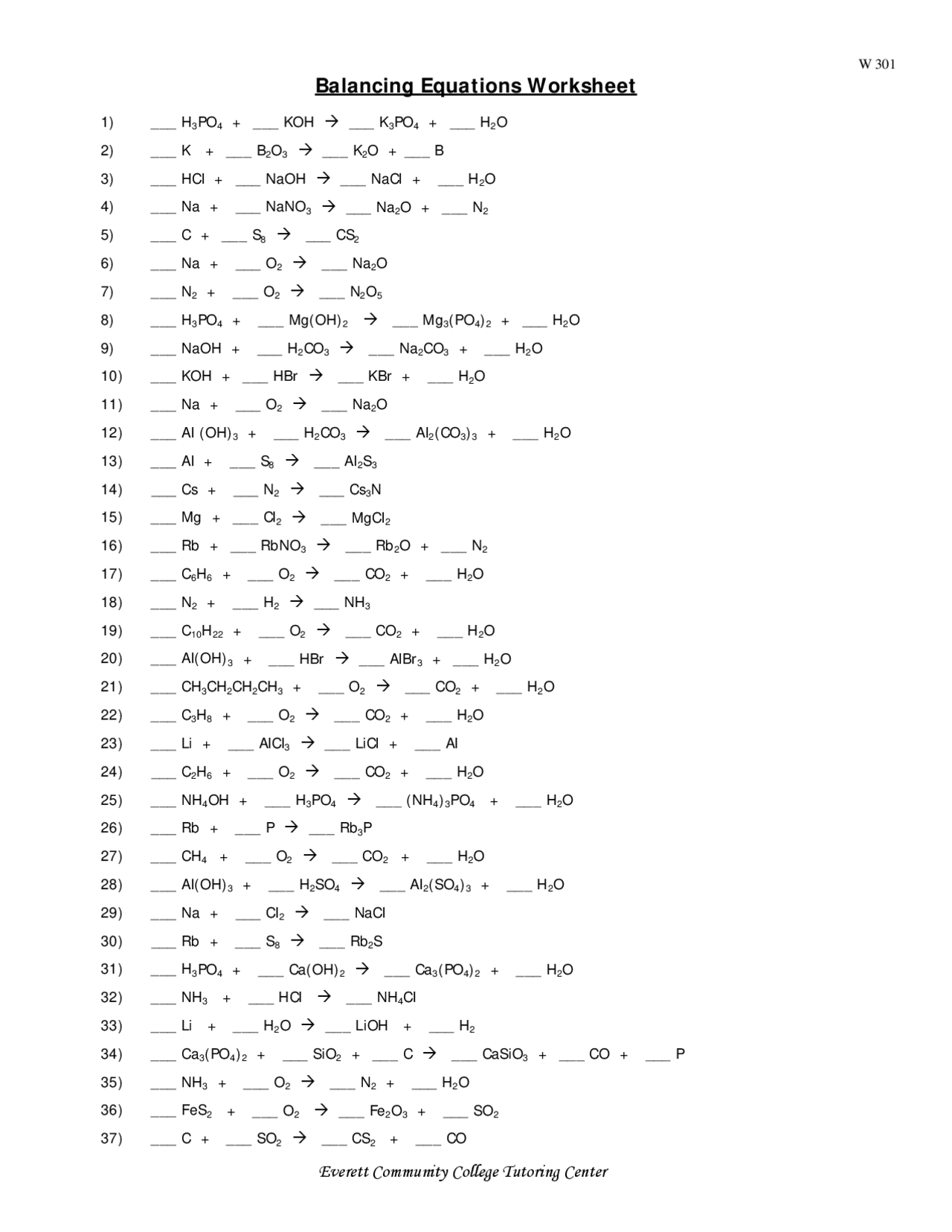 Balancing Equations Worksheet With Solutions Exercises Chemistry Docsity