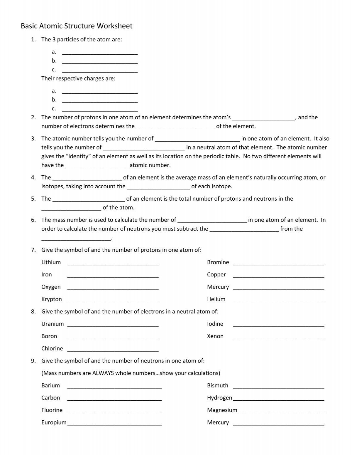 Basic Atomic Structure Worksheet Staff fcps Basic Atomic Structure Worksheet Staff fcps