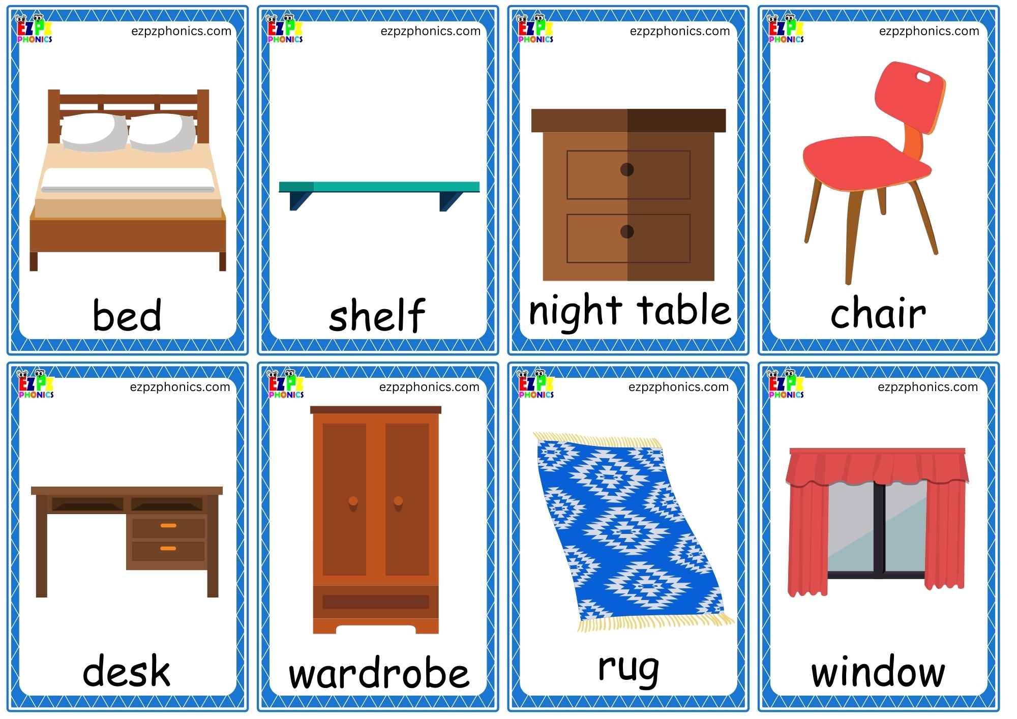 Bedroom Vocabulary My First English Words Mini Flashcards And Game Cards Ezpzphonics