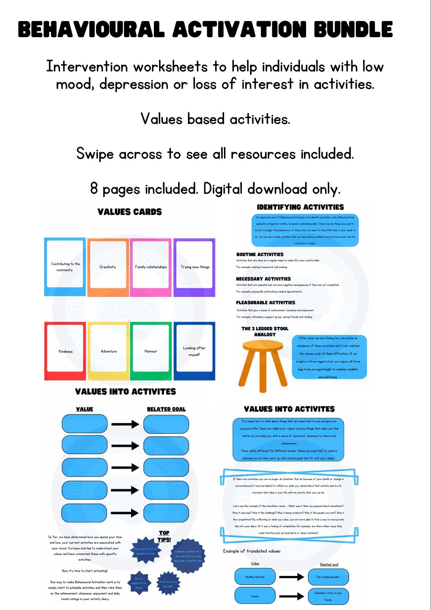 Behavioral Activation Worksheets Values Based Activities digital Download Etsy